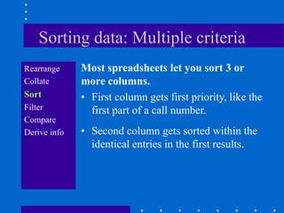 Sorting data: Multiple criteria
Rearrange     Most spreadsheets let you sort 3 or
Collate       more columns.
Sort          • First column gets first priority, like the
Filter          first part of a call number.
Compare
Derive info   • Second column gets sorted within the
                identical entries in the first results.
 