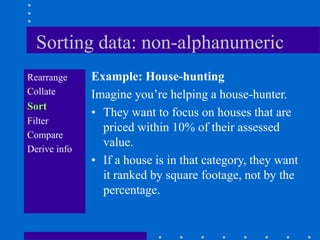 Sorting data: non-alphanumeric
Rearrange     Example: House-hunting
Collate       Imagine you‟re helping a house-hunter.
Sort
              • They want to focus on houses that are
Filter
                priced within 10% of their assessed
Compare
Derive info
                value.
              • If a house is in that category, they want
                it ranked by square footage, not by the
                percentage.
 
