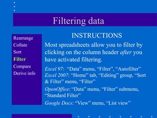 Filtering data
Rearrange                 INSTRUCTIONS
Collate       Most spreadsheets allow you to filter by
Sort          clicking on the column header after you
Filter        have activated filtering.
Compare
              Excel 97: “Data” menu, “Filter”, “Autofilter”
Derive info   Excel 2007: “Home” tab, “Editing” group, “Sort
              & Filter” menu, “Filter”
              OpenOffice: “Data” menu, “Filter” submenu,
              “Standard Filter”
              Google Docs: “View” menu, “List view”
 