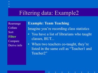 Filtering data: Example2
Rearrange     Example: Team Teaching
Collate       Imagine you‟re recording class statistics
Sort
              • You have a list of librarians who taught
Filter
                classes, BUT...
Compare
Derive info   • When two teachers co-taught, they‟re
                listed in the same cell as “Teacher1 and
                Teacher2”
 