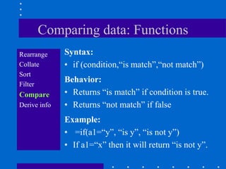 Comparing data: Functions
Rearrange     Syntax:
Collate       • if (condition,“is match”,“not match”)
Sort
Filter
              Behavior:
Compare       • Returns “is match” if condition is true.
Derive info   • Returns “not match” if false
              Example:
              • =if(a1=“y”, “is y”, “is not y”)
              • If a1=“x” then it will return “is not y”.
 