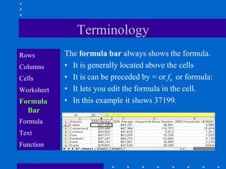 Terminology
Rows        The formula bar always shows the formula.
Columns     • It is generally located above the cells
Cells       • It is can be preceded by = or fx or formula:
Worksheet   • It lets you edit the formula in the cell.
Formula     • In this example it shows 37199.
  Bar
Formula
Text
Function
 