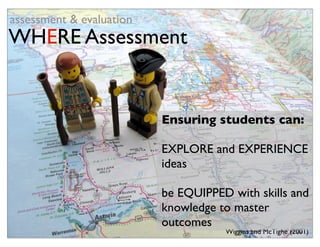 assessment & evaluation
WHERE Assessment


                          Ensuring students can:

                          EXPLORE and EXPERIENCE
                          ideas

                          be EQUIPPED with skills and
                          knowledge to master
                          outcomes
                                     Wiggins and McTighe (2001)
 