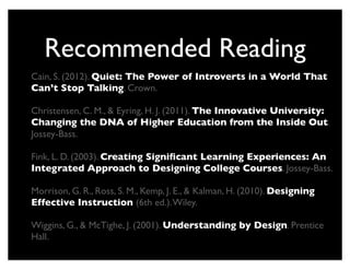 Recommended Reading
Cain, S. (2012). Quiet: The Power of Introverts in a World That
Can’t Stop Talking. Crown.

Christensen, C. M., & Eyring, H. J. (2011). The Innovative University:
Changing the DNA of Higher Education from the Inside Out.
Jossey-Bass.

Fink, L. D. (2003). Creating Signiﬁcant Learning Experiences: An
Integrated Approach to Designing College Courses. Jossey-Bass.

Morrison, G. R., Ross, S. M., Kemp, J. E., & Kalman, H. (2010). Designing
Effective Instruction (6th ed.). Wiley.

Wiggins, G., & McTighe, J. (2001). Understanding by Design. Prentice
Hall.
 