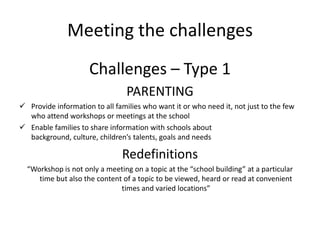 Meeting the challengesChallenges – Type 1PARENTINGProvide information to all families who want it or who need it, not just to the few who attend workshops or meetings at the school