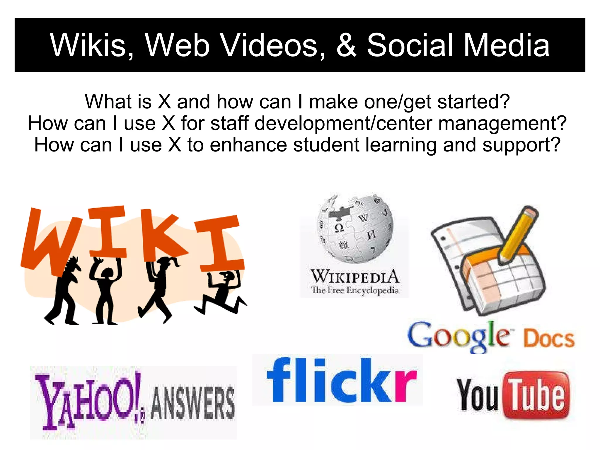 Wikis, Web Videos, & Social Media What is X and how can I make one/get started? How can I use X for staff development/center management? How can I use X to enhance student learning and support?     