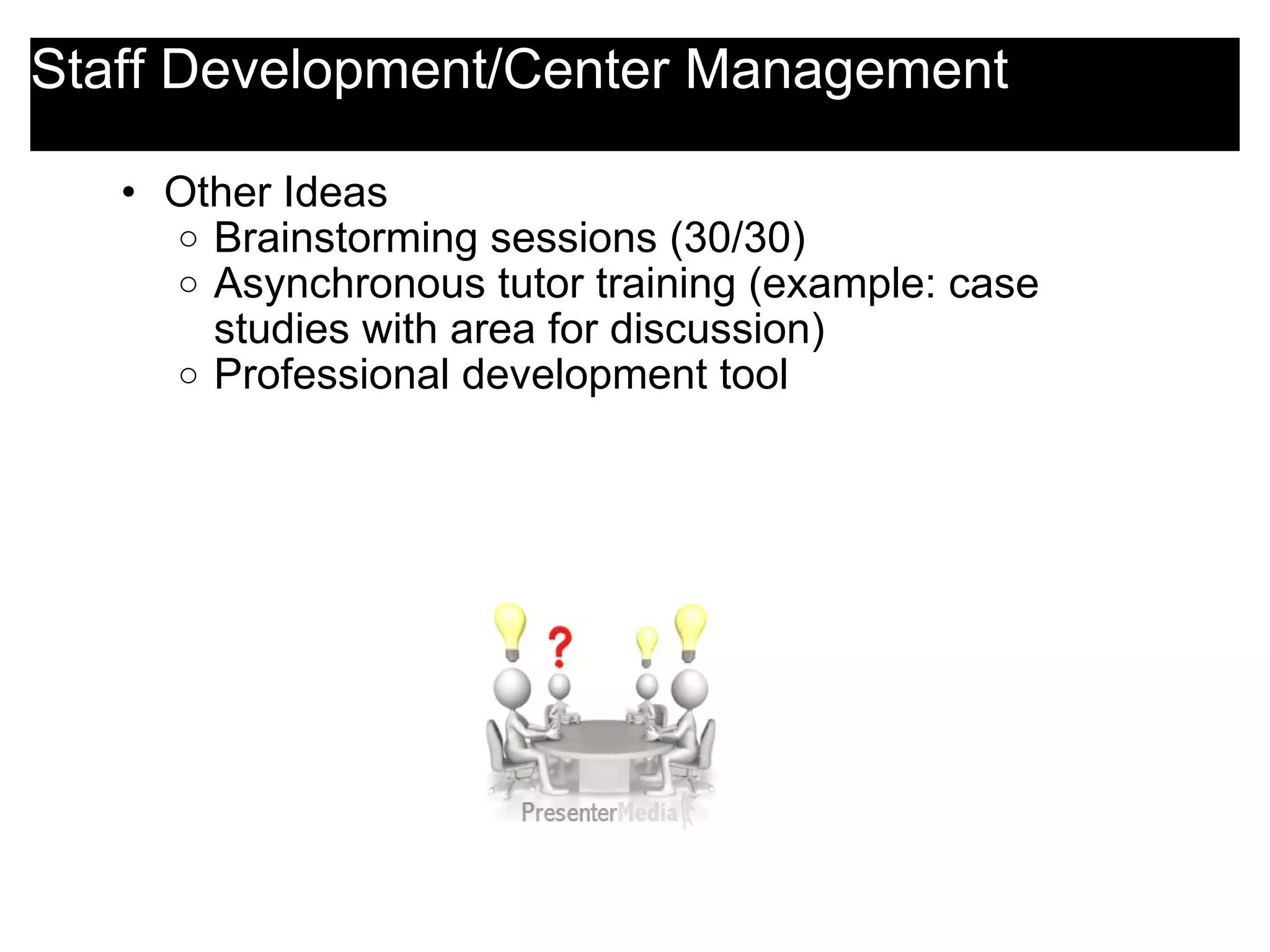 Staff Development/Center Management Other Ideas  Brainstorming sessions (30/30) Asynchronous tutor training (example: case studies with area for discussion) Professional development tool 