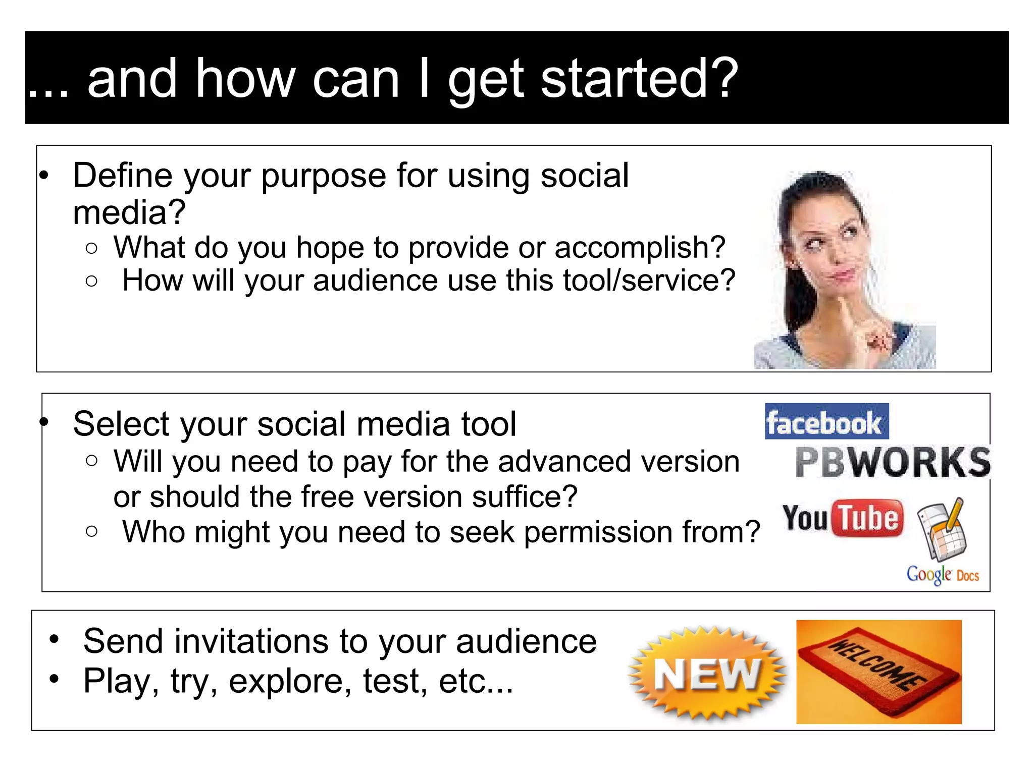 ... and how can I get started? Define your purpose for using social media? What do you hope to provide or accomplish?   How will your audience use this tool/service? Select your social media tool Will you need to pay for the advanced version or should the free version suffice?   Who might you need to seek permission from? Send invitations to your audience Play, try, explore, test, etc... 
