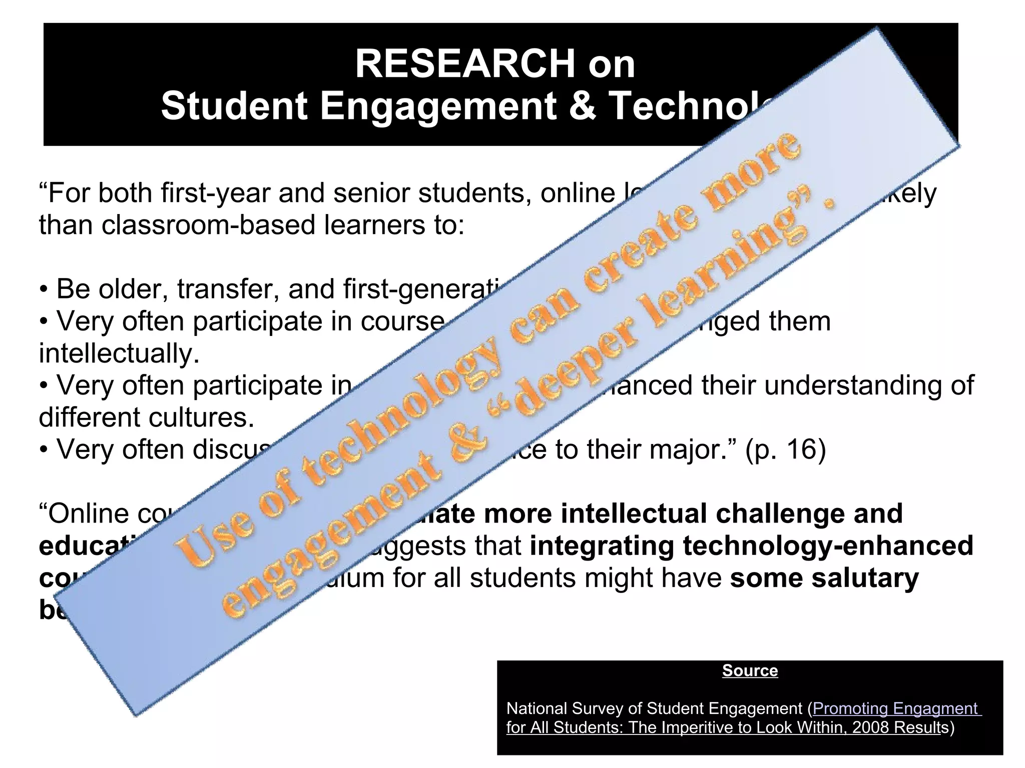 RESEARCH on  Student Engagement & Technology  Source National Survey of Student Engagement ( Promoting Engagment     for All Students: The Imperitive to Look Within, 2008 Result s) “ For both first-year and senior students, online learners were more likely than classroom-based learners to: •  Be older, transfer, and first-generation students. •  Very often participate in course activities that challenged them intellectually. •  Very often participate in discussions that enhanced their understanding of different cultures. •  Very often discuss topics of importance to their major.” (p. 16) “ Online courses seem to  stimulate more intellectual challenge and educational gains . This suggests that  integrating technology-enhanced courses  into the curriculum for all students might have  some salutary benefits .” (p. 16) 