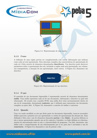 Figura 3.1: Representa¸c˜ao de uma regi˜ao.
3.1.3 Como
A deﬁni¸c˜ao de uma regi˜ao precisa ser complementada com outras informa¸c˜oes que indicam
como cada n´o ser´a apresentado. Esta descri¸c˜ao completa das caracter´ısticas de apresenta¸c˜ao de
cada n´o ´e feita atrav´es de elementos denominados descritores. Um descritor pode descrever
parˆametros sobre a apresenta¸c˜ao dos n´os, incluindo a regi˜ao onde ser´a apresentado, seu volume,
sua transparˆencia, a dura¸c˜ao de sua apresenta¸c˜ao, entre outros. A Figura 3.2, demonstra um
descritor.
Figura 3.2: Representa¸c˜ao de um descritor.
3.1.4 O que
O conte´udo de um documento hiperm´ıdia ´e representado atrav´es de elementos denominados
m´ıdia. Uma m´ıdia representa cada n´o de um documento, informando o descritor ao qual est´a
relacionado. De acordo com o modelo NCM, uma m´ıdia deve estar necessariamente dentro de
um n´o de composi¸c˜ao, denominado contexto, que ´e utilizado para representar um documento
completo ou parte dele. A Figura 3.3, demonstra o conceito de m´ıdias e contextos.
3.1.5 Quando
Uma vez tendo escolhido os n´os que far˜ao parte do documento hiperm´ıdia, torna-se necess´ario
deﬁnir qual ser´a o primeiro n´o a ser apresentado e a ordem de apresenta¸c˜ao dos demais n´os. Essa
deﬁni¸c˜ao ´e feita com o uso de elementos chamados portas e elos (links). As portas deﬁnem os
n´os a serem apresentados quando um n´o de contexto ´e iniciado e os links deﬁnem os relaciona-
mentos de sincroniza¸c˜ao entre os n´os e a interatividade do programa. Um link, entretanto, n˜ao
deﬁne todo o comportamento de um relacionamento por si s´o, para isso ´e necess´ario o uso de
conectores. A Figura 3.4, demonstra o uso de portas e elos.
11
 