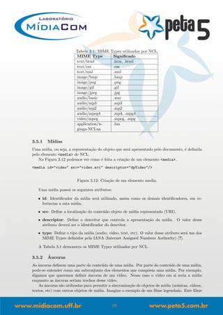 Tabela 3.1: MIME Types utilizados por NCL.
MIME Type Signiﬁcado
text/html .htm, .html
text/css .css
text/xml .xml
image/bmp .bmp
image/png .png
image/gif .gif
image/jpeg .jpg
audio/basic .wav
audio/mp3 .mp3
audio/mp2 .mp2
audio/mpeg4 .mp4, .mpg4
video/mpeg .mpeg, .mpg
application/x-
ginga-NCLua
.lua
3.5.1 M´ıdias
Uma m´ıdia, ou seja, a representa¸c˜ao do objeto que ser´a apresentado pelo documento, ´e deﬁnida
pelo elemento <media> de NCL.
Na Figura 3.12 podemos ver como ´e feita a cria¸c˜ao de um elemento <media>.
<media id="video" src="video.avi" descriptor="dpVideo"/>
Figura 3.12: Cria¸c˜ao de um elemento media.
Uma m´ıdia possui os seguintes atributos:
• id: Identiﬁcador da m´ıdia ser´a utilizado, assim como os demais identiﬁcadores, em re-
ferˆencias a esta m´ıdia.
• src: Deﬁne a localiza¸c˜ao do conte´udo objeto de m´ıdia representado (URI).
• descriptor: Deﬁne o descritor que controla a apresenta¸c˜ao da m´ıdia. O valor desse
atributo dever´a ser o identiﬁcador do descritor.
• type: Deﬁne o tipo da m´ıdia (audio, video, text, etc). O valor desse atributo ser´a um dos
MIME Types deﬁnidos pela IANA (Internet Assigned Numbers Authority) [?].
A Tabela 3.1 demonstra os MIME Types utilizados por NCL.
3.5.2 ˆAncoras
As ˆancoras deﬁnem uma parte do conte´udo de uma m´ıdia. Por parte do conte´udo de uma m´ıdia,
pode-se entender como um subconjunto dos elementos que comp˜oem uma m´ıdia. Por exemplo,
digamos que queremos deﬁnir ˆancoras de um v´ıdeo. Nesse caso o v´ıdeo em si seria a m´ıdia
enquanto as ˆancoras seriam trechos desse v´ıdeo.
As ˆancoras s˜ao utilizadas para permitir a sincroniza¸c˜ao de objetos de m´ıdia (m´usicas, v´ıdeos,
textos, etc) com outros objetos de m´ıdia. Imagine o exemplo de um ﬁlme legendado. Este ﬁlme
18
 