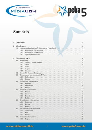 Sum´ario
1 Introdu¸c˜ao 3
2 Middleware 6
2.1 Linguagem Declarativa X Linguagem Procedural . . . . . . . . . . . . . . . . . . 7
2.1.1 Linguagens Declarativas . . . . . . . . . . . . . . . . . . . . . . . . . . . . 7
2.1.2 Linguagens Procedurais . . . . . . . . . . . . . . . . . . . . . . . . . . . . 7
2.1.3 Aplica¸c˜oes H´ıbridas . . . . . . . . . . . . . . . . . . . . . . . . . . . . . . 7
3 Linguagem NCL 10
3.1 Introdu¸c˜ao . . . . . . . . . . . . . . . . . . . . . . . . . . . . . . . . . . . . . . . . 10
3.1.1 Nested Context Model . . . . . . . . . . . . . . . . . . . . . . . . . . . . . 10
3.1.2 Onde . . . . . . . . . . . . . . . . . . . . . . . . . . . . . . . . . . . . . . 10
3.1.3 Como . . . . . . . . . . . . . . . . . . . . . . . . . . . . . . . . . . . . . . 11
3.1.4 O que . . . . . . . . . . . . . . . . . . . . . . . . . . . . . . . . . . . . . . 11
3.1.5 Quando . . . . . . . . . . . . . . . . . . . . . . . . . . . . . . . . . . . . . 11
3.2 Extensible Markup Language . . . . . . . . . . . . . . . . . . . . . . . . . . . . . 12
3.3 Estrutura de um documento NCL . . . . . . . . . . . . . . . . . . . . . . . . . . . 13
3.3.1 Cabe¸calho . . . . . . . . . . . . . . . . . . . . . . . . . . . . . . . . . . . . 14
3.3.2 Corpo . . . . . . . . . . . . . . . . . . . . . . . . . . . . . . . . . . . . . . 14
3.4 Deﬁnindo a apresenta¸c˜ao . . . . . . . . . . . . . . . . . . . . . . . . . . . . . . . . 14
3.4.1 Regi˜oes . . . . . . . . . . . . . . . . . . . . . . . . . . . . . . . . . . . . . 14
3.4.2 Descritores . . . . . . . . . . . . . . . . . . . . . . . . . . . . . . . . . . . 16
3.4.3 Pr´atica . . . . . . . . . . . . . . . . . . . . . . . . . . . . . . . . . . . . . 17
3.5 Inserindo os elementos . . . . . . . . . . . . . . . . . . . . . . . . . . . . . . . . . 17
3.5.1 M´ıdias . . . . . . . . . . . . . . . . . . . . . . . . . . . . . . . . . . . . . . 18
3.5.2 ˆAncoras . . . . . . . . . . . . . . . . . . . . . . . . . . . . . . . . . . . . . 18
3.5.3 Propriedades . . . . . . . . . . . . . . . . . . . . . . . . . . . . . . . . . . 19
3.5.4 Pr´atica . . . . . . . . . . . . . . . . . . . . . . . . . . . . . . . . . . . . . 20
3.6 Organizando o documento . . . . . . . . . . . . . . . . . . . . . . . . . . . . . . . 20
3.6.1 Contexto . . . . . . . . . . . . . . . . . . . . . . . . . . . . . . . . . . . . 20
3.6.2 Portas . . . . . . . . . . . . . . . . . . . . . . . . . . . . . . . . . . . . . . 21
3.6.3 Pr´atica . . . . . . . . . . . . . . . . . . . . . . . . . . . . . . . . . . . . . 21
3.7 Sincronizando os elementos . . . . . . . . . . . . . . . . . . . . . . . . . . . . . . 21
3.7.1 Conectores . . . . . . . . . . . . . . . . . . . . . . . . . . . . . . . . . . . 22
3.7.2 Elos . . . . . . . . . . . . . . . . . . . . . . . . . . . . . . . . . . . . . . . 24
3.7.3 Pr´atica . . . . . . . . . . . . . . . . . . . . . . . . . . . . . . . . . . . . . 25
3.8 Deﬁnindo alternativas . . . . . . . . . . . . . . . . . . . . . . . . . . . . . . . . . 28
3.8.1 Regras . . . . . . . . . . . . . . . . . . . . . . . . . . . . . . . . . . . . . . 28
1
 