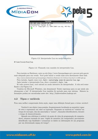 Figura 4.3: Interpretador Lua em modo interativo.
#!/usr/local/bin/lua
Figura 4.4: Chamada com caminho do interpretador Lua.
Para instalar no Slackware, entre no site http://www.linuxpackages.net e procure pelo pacote
mais adequado para sua vers˜ao. Vocˆe pode baixar a vers˜ao mais nova diretamente deste link:
http://mirror.slackwarebrasil.org/linuxpackages//Slackware/Slackware-12.1/Library/Lua/lua-5.1.4-i486-1gds.tgz
Para instalar, logado como root, digite: installpkg nome-do-pacote-lua.tgz.
Ap´os instalar o interpretador Lua, abra o terminal e digite: lua.
Se tudo ocorreu bem, vocˆe entrar´a no modo interativo do interpretador. A tela ser´a seme-
lhante a da Figura 4.3.
Usu´arios do Microsoft Windows, n˜ao desanimem! Existe esperan¸ca para os que ainda n˜ao
alcan¸caram a luz! O interpretador Lua tamb´em foi portado para esse sistema. Maiores in-
forma¸c˜oes podem ser encontradas neste site: http://luaforwindows.luaforge.net.
4.2 Tipos e vari´aveis
Para uma melhor compreens˜ao desta se¸c˜ao, segue uma deﬁni¸c˜ao formal para o termo vari´avel:
Vari´avel ´e um objeto (uma posi¸c˜ao, frequentemente localizada na mem´oria) capaz
de reter e representar um valor ou express˜ao. Enquanto as vari´aveis s´o ”existem”em
tempo de execu¸c˜ao, elas s˜ao associadas a ”nomes”, chamados identiﬁcadores, durante
o tempo de desenvolvimento.
Quando nos referimos `a vari´avel, do ponto de vista da programa¸c˜ao de computa-
dores, estamos tratando de uma “regi˜ao de mem´oria (do computador) previamente
identiﬁcada cuja ﬁnalidade ´e armazenar os dados ou informa¸c˜oes de um programa
por um determinado espa¸co de tempo”.
33
 