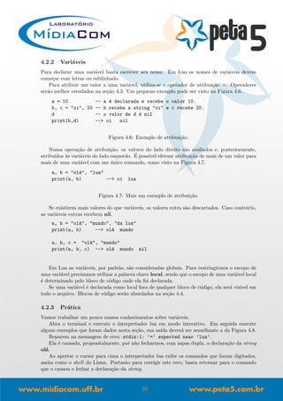 4.2.2 Vari´aveis
Para declarar uma vari´avel basta escrever seu nome. Em Lua os nomes de vari´aveis devem
come¸car com letras ou sublinhado.
Para atribuir um valor a uma vari´avel, utiliza-se o operador de atribui¸c˜ao =. Operadores
ser˜ao melhor estudados na se¸c˜ao 4.3. Um pequeno exemplo pode ser visto na Figura 4.6.
a = 10 -- a ´e declarada e recebe o valor 10.
b, c = "oi", 20 -- b recebe a string "oi" e c recebe 20.
d -- o valor de d ´e nil
print(b,d) --> oi nil
Figura 4.6: Exemplo de atribui¸c˜ao.
Numa opera¸c˜ao de atribui¸c˜ao, os valores do lado direito s˜ao avaliados e, posteriormente,
atribu´ıdos `as vari´aveis do lado esquerdo. ´E poss´ıvel efetuar atribui¸c˜ao de mais de um valor para
mais de uma vari´avel com um ´unico comando, como visto na Figura 4.7.
a, b = "ol´a", "lua"
print(a, b) --> oi lua
Figura 4.7: Mais um exemplo de atribui¸c˜ao.
Se existirem mais valores do que vari´aveis, os valores extra s˜ao descartados. Caso contr´ario,
as vari´aveis extras recebem nil.
a, b = "ol´a", "mundo", "da lua"
print(a, b) --> ol´a mundo
a, b, c = "ol´a", "mundo"
print(a, b, c) --> ol´a mundo nil
Em Lua as vari´aveis, por padr˜ao, s˜ao consideradas globais. Para restringirmos o escopo de
uma vari´avel precisamos utilizar a palavra chave local, sendo que o escopo de uma vari´avel local
´e determinado pelo bloco de c´odigo onde ela foi declarada.
Se uma vari´avel ´e declarada como local fora de qualquer bloco de c´odigo, ela ser´a vis´ıvel em
todo o arquivo. Blocos de c´odigo ser˜ao abordados na se¸c˜ao 4.4.
4.2.3 Pr´atica
Vamos trabalhar um pouco nossos conhecimentos sobre vari´aveis.
Abra o terminal e execute o interpretador lua em modo interativo. Em seguida execute
alguns exemplos que foram dados nesta se¸c˜ao, sua sa´ıda dever´a ser semelhante a da Figura 4.8.
Reparem na mensagem de erro: stdin:1: ’=’ expected near ’lua’.
Ela ´e causada, propositalmente, por n˜ao fecharmos, com aspas dupla, a declara¸c˜ao da string
ol´a.
Ao apertar o cursor para cima o interpretador lua exibe os comandos que foram digitados,
assim como o shell do Linux. Portanto para corrigir este erro, basta retornar para o comando
que o causou e fechar a declara¸c˜ao da string.
35
 