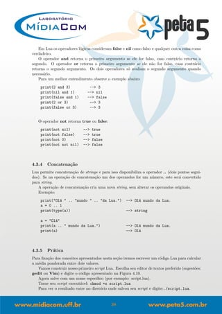 Em Lua os operadores l´ogicos consideram false e nil como falso e qualquer outra coisa como
verdadeiro.
O operador and retorna o primeiro argumento se ele for falso, caso contr´ario retorna o
segundo. O operador or retorna o primeiro argumento se ele n˜ao for falso, caso contr´ario
retorna o segundo argumento. Os dois operadores s´o avaliam o segundo argumento quando
necess´ario.
Para um melhor entendimento observe o exemplo abaixo:
print(2 and 3) --> 3
print(nil and 1) --> nil
print(false and 1) --> false
print(2 or 3) --> 3
print(false or 3) --> 3
O operador not retorna true ou false:
print(not nil) --> true
print(not false) --> true
print(not 0) --> false
print(not not nil) --> false
4.3.4 Concatena¸c˜ao
Lua permite concatena¸c˜ao de strings e para isso disponibiliza o operador .. (dois pontos segui-
dos). Se na opera¸c˜ao de concatena¸c˜ao um dos operandos for um n´umero, este ser´a convertido
para string.
A opera¸c˜ao de concatena¸c˜ao cria uma nova string, sem alterar os operandos originais.
Exemplo:
print("Ol´a " .. "mundo " .. "da Lua.") --> Ol´a mundo da Lua.
a = 0 .. 1
print(type(a)) --> string
a = "Ol´a"
print(a .. " mundo da Lua.") --> Ol´a mundo da Lua.
print(a) --> Ol´a
4.3.5 Pr´atica
Para ﬁxa¸c˜ao dos conceitos apresentados nesta se¸c˜ao iremos escrever um c´odigo Lua para calcular
a m´edia ponderada entre dois valores.
Vamos construir nosso primeiro script Lua. Escolha seu editor de textos preferido (sugest˜oes:
gedit ou Vim) e digite o c´odigo apresentado na Figura 4.10.
Agora salve com um nome espec´ıﬁco (por exemplo: script.lua).
Torne seu script execut´avel: chmod +x script.lua
Para ver o resultado entre no diret´orio onde salvou seu script e digite:./script.lua.
38
 