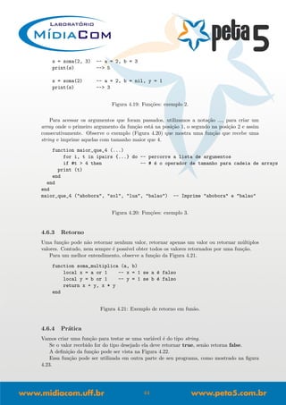 s = soma(2, 3) -- a = 2, b = 3
print(s) --> 5
s = soma(2) -- a = 2, b = nil, y = 1
print(s) --> 3
Figura 4.19: Fun¸c˜oes: exemplo 2.
Para acessar os argumentos que foram passados, utilizamos a nota¸c˜ao ..., para criar um
array onde o primeiro argumento da fun¸c˜ao est´a na posi¸c˜ao 1, o segundo na posi¸c˜ao 2 e assim
consecutivamente. Observe o exemplo (Figura 4.20) que mostra uma fun¸c˜ao que recebe uma
string e imprime aquelas com tamanho maior que 4.
function maior_que_4 (...)
for i, t in ipairs {...} do -- percorre a lista de argumentos
if #t > 4 then -- # ´e o operador de tamanho para cadeia de arrays
print (t)
end
end
end
maior_que_4 ("abobora", "sol", "lua", "balao") -- Imprime "abobora" e "balao"
Figura 4.20: Fun¸c˜oes: exemplo 3.
4.6.3 Retorno
Uma fun¸c˜ao pode n˜ao retornar nenhum valor, retornar apenas um valor ou retornar m´ultiplos
valores. Contudo, nem sempre ´e poss´ıvel obter todos os valores retornados por uma fun¸c˜ao.
Para um melhor entendimento, observe a fun¸c˜ao da Figura 4.21.
function soma_multiplica (a, b)
local x = a or 1 -- x = 1 se a ´e falso
local y = b or 1 -- y = 1 se b ´e falso
return x + y, x * y
end
Figura 4.21: Exemplo de retorno em fun˜ao.
4.6.4 Pr´atica
Vamos criar uma fun¸c˜ao para testar se uma vari´avel ´e do tipo string.
Se o valor recebido for do tipo desejado ela deve retornar true, sen˜ao retorna false.
A deﬁni¸c˜ao da fun¸c˜ao pode ser vista na Figura 4.22.
Essa fun¸c˜ao pode ser utilizada em outra parte de seu programa, como mostrado na ﬁgura
4.23.
44
 