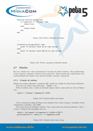 function verifica_string(var)
if (type(var) == "string") then
return true
else
return false
end
end
Figura 4.22: Pr´atica: deﬁni¸c˜ao da fun¸c˜ao.
...
if(verifica_string(teste)) then
print "A variavel teste eh do tipo string"
else
print "A variavel teste NAO eh do tipo string"
end
...
Figura 4.23: Pr´atica: programa utilizando fun¸c˜ao.
4.7 Tabelas
Em Lua, tabelas s˜ao o ´unico mecanismo de estrutura de dados existente. Elas implementam
arrays, matrizes, conjuntos e diversas outras estruturas. Nesta apostila n˜ao exploraremos toda
a potencialidade das tabelas. Para maiores detalhes, consulte o manual [3].
4.7.1 Cria¸c˜ao de tabelas
Tabelas s˜ao criadas utilizando o construtor {} e podem ser criadas de v´arias formas diferentes.
Para criar um tabela vazia basta fazer: tabela = {}.
Pode-se tamb´em criar a tabela j´a iniciando alguns valores, como pode ser visto na Figura
4.24.
tabela = {"semana","engenharia",2009}
Figura 4.24: Criando tabela com valores.
Com a execu¸c˜ao do c´odigo da Figura 4.24, tabela[1] ter´a a string ”semana”, tabela[2] a string
”engenharia”e tabela[3] o valor 2009.
Uma outra forma de inicializar tabelas ´e como array, neste caso devemos informar o valor e
a chave. A Figura 4.25 exempliﬁca este uso.
tabela = {p="semana",e="engenharia",t=2009,a="UFF"}
print(tabela["e"], tabela.t) --> engenharia 2009
Figura 4.25: Criando tabela como array.
45
 