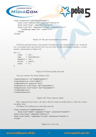<link xconnector="onSelectionStopSet">
<bind role="onSelection" component="button"/>
<bind role="stop" component="button"/>
<bind role="set" component="clicks" interface="inc">
<bindParam name="var" value="1"/>
</bind>
</link>
Figura 5.8: Elo para incrementar o contador.
Conforme mostrado acima, o incremento ´e acionado por uma simpleAction de set. A a¸c˜ao de
set ´e um apelido para uma a¸c˜ao de start em um evento do tipo attribution, portanto, o evento
gerado ´e apresentado na Figura 5.9.
evt = {
class = ’ncl’,
type = ’attribution’,
property = ’inc’,
action = ’start’,
value = ’1’,
}
Figura 5.9: Evento gerado pelo link.
Um novo conector foi criado (Figura 5.10).
<causalConnector id="onEndStopStart">
<simpleCondition role="onEnd"/>
<compoundAction operator="seq">
<simpleAction role="stop" max="unbounded"/>
<simpleAction role="start" max="unbounded"/>
</compoundAction>
</causalConnector>
Figura 5.10: Novo conector criado.
Ele ´e respons´avel por fazer o elo entre o ﬁm de area04 da m´ıdia timere o in´ıcio de counter
da m´ıdia clicks.
Na Figura 5.11 podemos ver como ﬁcou esse elo.
<link xconnector="onEndStopStart">
<bind role="onEnd" component="timer" interface="area04"/>
<bind role="stop" component="button"/>
<bind role="start" component="clicks" interface="counter"/>
</link>
Figura 5.11: Novo elo.
58
 