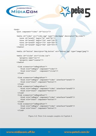 <body>
<port component="video" id="inicio"/>
<media id="video" src="video.mpg" type="video/mpeg" descriptor="dp_video">
<area id="area01" begin="3s" end="6s"/>
<area id="area02" begin="10s" end="13s"/>
<area id="area03" begin="17s" end="20s"/>
<area id="area04" begin="24s" end="27s"/>
</media>
<media id="button" descriptor="dp_button" src="button.jpg" type="image/jpeg"/>
<media id="clicks" src="clicks.lua">
<property name="inc"/>
<property name="counter"/>
</media>
<link xconnector="onBeginStart">
<bind role="onBegin" component="video"/>
<bind role="start" component="clicks"/>
</link>
<link xconnector="onBeginStart">
<bind role="onBegin" component="video" interface="area01"/>
<bind role="start" component="button"/>
</link>
<link xconnector="onBeginStart">
<bind role="onBegin" component="video" interface="area02"/>
<bind role="start" component="button"/>
</link>
<link xconnector="onBeginStart">
<bind role="onBegin" component="video" interface="area03"/>
<bind role="start" component="button"/>
</link>
<link xconnector="onBeginStart">
<bind role="onBegin" component="video" interface="area04"/>
<bind role="start" component="button"/>
</link>
Figura A.2: Parte 2 do exemplo completo do Cap´ıtulo 3.
64
 