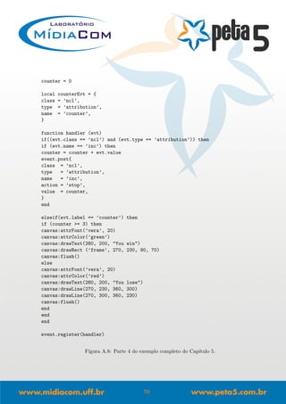 counter = 0
local counterEvt = {
class = ’ncl’,
type = ’attribution’,
name = ’counter’,
}
function handler (evt)
if((evt.class == ’ncl’) and (evt.type == ’attribution’)) then
if (evt.name == ’inc’) then
counter = counter + evt.value
event.post{
class = ’ncl’,
type = ’attribution’,
name = ’inc’,
action = ’stop’,
value = counter,
}
end
elseif(evt.label == ’counter’) then
if (counter >= 3) then
canvas:attrFont(’vera’, 20)
canvas:attrColor(’green’)
canvas:drawText(280, 200, "You win")
canvas:drawRect (’frame’, 270, 230, 90, 70)
canvas:flush()
else
canvas:attrFont(’vera’, 20)
canvas:attrColor(’red’)
canvas:drawText(280, 200, "You lose")
canvas:drawLine(270, 230, 360, 300)
canvas:drawLine(270, 300, 360, 230)
canvas:flush()
end
end
end
event.register(handler)
Figura A.8: Parte 4 do exemplo completo do Cap´ıtulo 5.
70
 