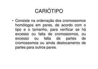CARIÓTIPO
• Consiste na ordenação dos cromossomos
  homólogos em pares, de acordo com o
  tipo e o tamanho, para verificar se há
  excesso ou falta de cromossomos, ou
  excesso ou falta de partes de
  cromossomos ou ainda deslocamento de
  partes para outros pares.
 