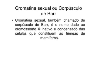 Cromatina sexual ou Corpúsculo
            de Barr
• Cromatina sexual, também chamado de
  corpúsculo de Barr, é o nome dado ao
  cromossomo X inativo e condensado das
  células que constituem as fêmeas de
                mamíferos.
 