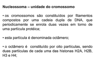 Nucleossoma – unidade do cromossomo
• os cromossomos são constituídos por filamentos
compostos por uma cadeia dupla de DNA, que
periodicamente se enrola duas vezes em torno de
uma partícula protéica;
• esta partícula é denominada octâmero;
• o octâmero é constituído por oito partículas, sendo
duas partículas de cada uma das histonas H2A, H2B,
H3 e H4;
 
