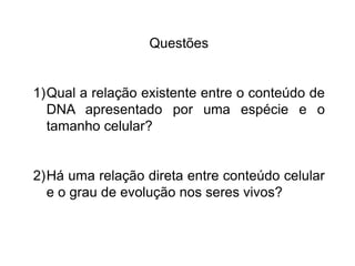 Questões
1)Qual a relação existente entre o conteúdo de
DNA apresentado por uma espécie e o
tamanho celular?
2)Há uma relação direta entre conteúdo celular
e o grau de evolução nos seres vivos?
 