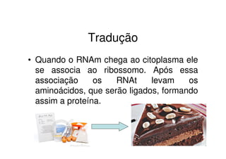 Tradução
• Quando o RNAm chega ao citoplasma ele
se associa ao ribossomo. Após essa
associação os RNAt levam os
aminoácidos, que serão ligados, formando
assim a proteína.
 
