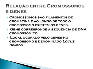 Cromossomos são filamentos de cromatina e ao longo de todo o cromossomo existem os genes. Gene corresponde a seqüência de DNA cromossômico. Local ocupado pelo genes no cromossomo é denominado  Lócus gênico. 