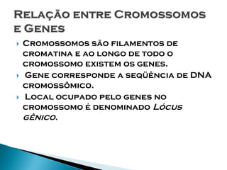    Cromossomos são filamentos de
    cromatina e ao longo de todo o
    cromossomo existem os genes.
   Gene corresponde a seqüência de DNA
    cromossômico.
   Local ocupado pelo genes no
    cromossomo é denominado Lócus
    gênico.
 