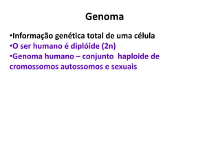 Genoma
•Informação genética total de uma célula
•O ser humano é diplóide (2n)
•Genoma humano – conjunto haploide de
cromossomos autossomos e sexuais