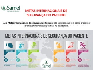 METAS INTERNACIONAIS DE
SEGURANÇA DO PACIENTE
As 6 Metas Internacionais de Segurança do Paciente são soluções que tem como propósito
promover melhorias específicas na assistência.
 