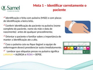 Meta 1 – Identificar corretamente o
paciente
Identificação e feita com pulseira (MSD) e com placas
de identificação a beira leito.
Conferir identificação do paciente na pulseira (nome
completo do paciente, nome da mãe e data de
nascimento) antes de qualquer procedimento;
Orientar o paciente e familiar sobre a importância de
manter a identificação ate a alta.
Caso a pulseira caia ou fique ilegível a equipe de
enfermagem deverá providenciar outra imediatamente.
 Lembrar que etiquetas presas na pulseira significa
LARANJA = ALERGIA e ROXA = SEPSE.
 