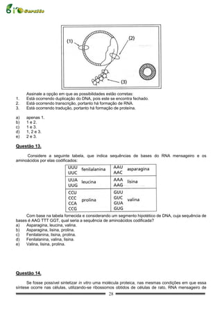 Assinale a opção em que as possibilidades estão corretas:
1.   Está ocorrendo duplicação do DNA, pois este se encontra fechado.
2.   Está ocorrendo transcrição, portanto há formação de RNA.
3.   Está ocorrendo tradução, portanto há formação de proteína.

a)   apenas 1.
b)   1 e 2.
c)   1 e 3.
d)   1, 2 e 3.
e)   2 e 3.

Questão 13.

     Considere a seguinte tabela, que indica sequências de bases do RNA mensageiro e os
aminoácidos por elas codificados:




     Com base na tabela fornecida e considerando um segmento hipotético de DNA, cuja sequência de
bases é AAG TTT GGT, qual seria a sequência de aminoácidos codificada?
a)   Asparagina, leucina, valina.
b)   Asparagina, lisina, prolina.
c)   Fenilalanina, lisina, prolina.
d)   Fenilalanina, valina, lisina.
e)   Valina, lisina, prolina.




Questão 14.

      Se fosse possível sintetizar in vitro uma molécula proteica, nas mesmas condições em que essa
síntese ocorre nas células, utilizando-se ribossomos obtidos de células de rato, RNA mensageiro de
                                                28
 