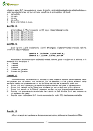 células de sapo RNA transportador de células de coelho e aminoácidos ativados de célula bacteriana, a
proteína produzida teria a estrutura primária (sequência de aminoácidos) idêntica à:
a)    da bactéria.
b)    do sapo.
c)    do rato.
d)    do coelho.
e)    Seria uma mistura de todas.

Questão 15.

     Uma molécula de RNA-mensageiro com 90 bases nitrogenadas apresenta:
a)   90 códons e 90 nucleotídeos.
b)   30 códons e 90 nucleotídeos.
c)   30 códons e 30 nucleotídeos.
d)   60 códons e 30 nucleotídeos.
e)   30 códons e 60 nucleotídeos.

Questão 16.

     Duas espécies (A e B) apresentam a seguinte diferença na porção terminal de uma dada proteína,
envolvendo três aminoácidos:

                            ESPÉCIE A - ARGININA-LEUCINA-PROLINA
                            ESPÉCIE B - LEUCINA-LEUCINA-LEUCNA

      Analisando o RNA-mensageiro codificador dessa proteína, pode-se supor que a espécie A se
diferencie da B em relação a:
a)    2 códons.
b)    3 códons.
c)    9 códons.
d)    3 bases nitrogenadas.
e)    9 bases nitrogenadas.

Questão 17.

       A análise química de uma molécula de ácido nucleico revelou a seguinte porcentagem de bases
nitrogenadas: 30% de citosina, 20% de uracila, 20% de adenina e 30% de guanina. Baseado nesse
resultado, concluiu-se que essa molécula era de DNA e não de RNA. A conclusão obtida está:
a)    Errada, pois as porcentagens de adenina e guanina deveriam ser iguais, já que se pareiam.
b)    Errada, pois na molécula de DNA a base uracila se liga sempre à citosina e não à adenina.
c)    Errada, pois a molécula de DNA não apresenta uracila como uma de suas bases nitrogenadas.
d)    Correta, pois o pareamento característico da molécula de DNA, C—G e A—U, está expresso na
      porcentagem das bases.
e)    Correta, pois a molécula de DNA é dupla, apresentando, então, 50% das bases em cada fita.




Questão 18.

      A figura a seguir representa parte da estrutura molecular do ácido desoxirribonucleico (DNA).



                                                  29
 