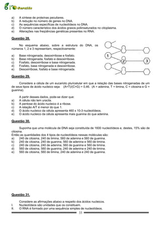 a)    A síntese de proteínas peculiares.
b)    A redução no número de genes no DNA.
c)    As sequências específicas de nucleotídeos no DNA.
d)    O número característico dos ácidos graxos poliinsaturados no citoplasma.
e)    Alterações nas freqüências genéticas presentes no RNA.

Questão 28.

    No esquema abaixo, sobre a estrutura do DNA, os
números 1, 2 e 3 representam, respectivamente:

a)    Base nitrogenada, desoxirribose e fosfato.
b)    Base nitrogenada, fosfato e desoxirribose.
c)    Fosfato, desoxirribose e base nitrogenada.
d)    Fosfato, base nitrogenada e desoxirribose.
e)    Desoxirribose, fosfato e base nitrogenada.

Questão 29.

     Considere a célula de um eucarioto pluricelular em que a relação das bases nitrogenadas de um
de seus tipos de ácido nucleico seja: (A+T)/(C+G) = 0,46. (A = adenina, T = timina, C = citosina e G =
guanina).

      A partir desses dados, pode-se dizer que:
a)    A célula não tem uracila.
b)    A pentose do ácido nucleico é a ribose.
c)    A relação A/T é menor do que 1.
d)    O ácido nucleico da célula apresenta 460 x 10-3 nucleotídeos.
e)    O ácido nucleico da célula apresenta mais guanina do que adenina.

Questão 30.

       Suponha que uma molécula de DNA seja constituída de 1600 nucleotídeos e, destes, 15% são de
citosina.
Então as quantidades dos 4 tipos de nucleotídeos nessas moléculas são:
a)     240 de citosina, 240 de timina, 560 de adenina e 560 de guanina.
b)     240 de citosina, 240 de guanina, 560 de adenina e 560 de timina.
c)     240 de citosina, 240 de adenina, 560 de guanina e 560 de timina.
d)     560 de citosina, 560 de guanina, 240 de adenina e 240 de timina.
e)     560 de citosina, 560 de timina, 240 de adenina e 240 de guanina.




Questão 31.

      Considere as afirmações abaixo a respeito dos ácidos nucleicos.
I.    Nucleotídeos são unidades que os constituem.
II.   O RNA é formado por uma sequência simples de nucleotídeos.
                                                   33
 