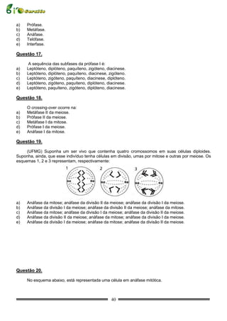 a)   Prófase.
b)   Metáfase.
c)   Anáfase.
d)   Telófase.
e)   Interfase.

Questão 17.

      A sequência das subfases da prófase I é:
a)   Leptóteno, diplóteno, paquíteno, zigóteno, diacinese.
b)   Leptóteno, diplóteno, paquíteno, diacinese, zigóteno.
c)   Leptóteno, zigóteno, paquíteno, diacinese, diplóteno.
d)   Leptóteno, zigóteno, paquíteno, diplóteno, diacinese.
e)   Leptóteno, paquíteno, zigóteno, diplóteno, diacinese.

Questão 18.

     O crossing-over ocorre na:
a)   Metáfase II da meiose.
b)   Prófase II da meiose.
c)   Metáfase I da mitose.
d)   Prófase I da meiose.
e)   Anáfase I da mitose.

Questão 19.

     (UFMG) Suponha um ser vivo que contenha quatro cromossomos em suas células diploides.
Suponha, ainda, que esse indivíduo tenha células em divisão, umas por mitose e outras por meiose. Os
esquemas 1, 2 e 3 representam, respectivamente:




a)   Anáfase da mitose; anáfase da divisão II da meiose; anáfase da divisão I da meiose.
b)   Anáfase da divisão I da meiose; anáfase da divisão II da meiose; anáfase da mitose.
c)   Anáfase da mitose; anáfase da divisão I da meiose; anáfase da divisão II da meiose.
d)   Anáfase da divisão II da meiose; anáfase da mitose; anáfase da divisão I da meiose.
e)   Anáfase da divisão I da meiose; anáfase da mitose; anáfase da divisão II da meiose.




Questão 20.

     No esquema abaixo, está representada uma célula em anáfase mitótica.



                                                  40
 