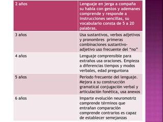 2 años Lenguaje en jerga a compaña 
su habla con gestos y ademanes 
comprende y responde a 
instrucciones sencillas, su 
vocabulario consta de 5 a 20 
palabras. 
3 años Usa sustantivos, verbos adjetivos 
y pronombres primeras 
combinaciones sustantivo-adjetivo 
uso frecuente del “no” 
4 años Lenguaje comprensible para 
extraños usa oraciones. Empieza 
a diferencias tiempos y modos 
verbales, edad preguntona 
5 años Periodo frecuente del lenguaje. 
Mejora a su construcción 
gramatical conjugación verbal y 
articulación fonética, usa anexos 
6 años Imparte evolución neuromotriz 
comprende términos que 
entrañan comparación 
comprende contrarios es capaz 
de establecer semejanzas 
 