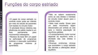 N
Ú
C
L
E
O
S
D
A
B
A
S
E
• O papel do corpo estriado no
controle motor pode ser inferido
por meio do estudo de pacientes
com lesões no circuito motor.
• A atividade tônica inibitória das
eferências do pálido medial é um
freio permanente para
movimentos indesejados.
• Núcleos da base têm um papel
na perfuração de programas
motores e execução automática
de programas motores já
aprendidos.
• Não se sabem exatamente
como as vias diretas e indiretas
do circuito motor atuam para o
controle motor.
• Ideia mais aceita: Sinais para
um dado movimento sejam
direcionados por ambas as vias
para a mesma população de
neurônios palidais.
• O comportamento motor normal
depende do equilíbrio entre a
atividade das vias diretas e
indireta.
• Diversas síndromes clínicas
que acometem o corpo estriado
são devidas a alterações desse
equilíbrio.
 