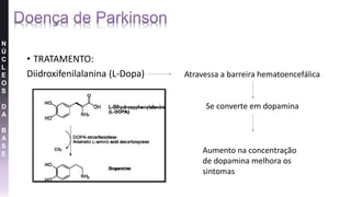 • TRATAMENTO:
Diidroxifenilalanina (L-Dopa) Atravessa a barreira hematoencefálica
Se converte em dopamina
Aumento na concentração
de dopamina melhora os
sintomas
N
Ú
C
L
E
O
S
D
A
B
A
S
E
 