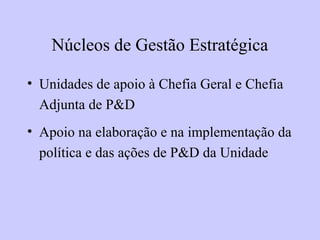 Núcleos de Gestão Estratégica
• Unidades de apoio à Chefia Geral e Chefia
Adjunta de P&D
• Apoio na elaboração e na implementação da
política e das ações de P&D da Unidade
 