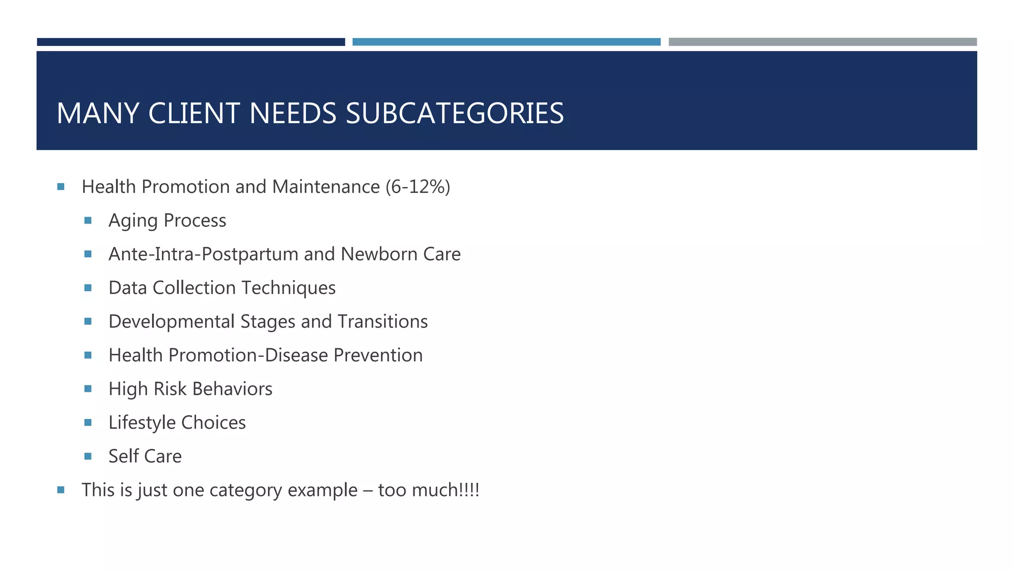 MANY CLIENT NEEDS SUBCATEGORIES
 Health Promotion and Maintenance (6-12%)
 Aging Process
 Ante-Intra-Postpartum and Newborn Care
 Data Collection Techniques
 Developmental Stages and Transitions
 Health Promotion-Disease Prevention
 High Risk Behaviors
 Lifestyle Choices
 Self Care
 This is just one category example – too much!!!!
 