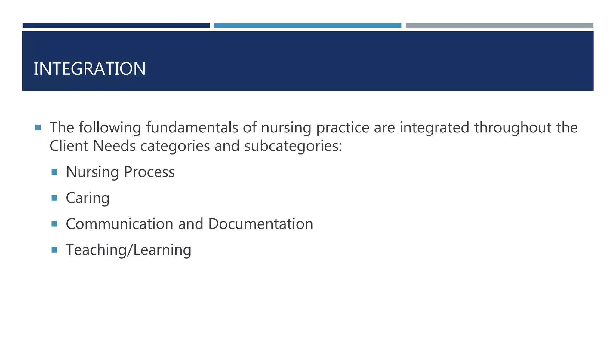 INTEGRATION
 The following fundamentals of nursing practice are integrated throughout the
Client Needs categories and subcategories:
 Nursing Process
 Caring
 Communication and Documentation
 Teaching/Learning
 