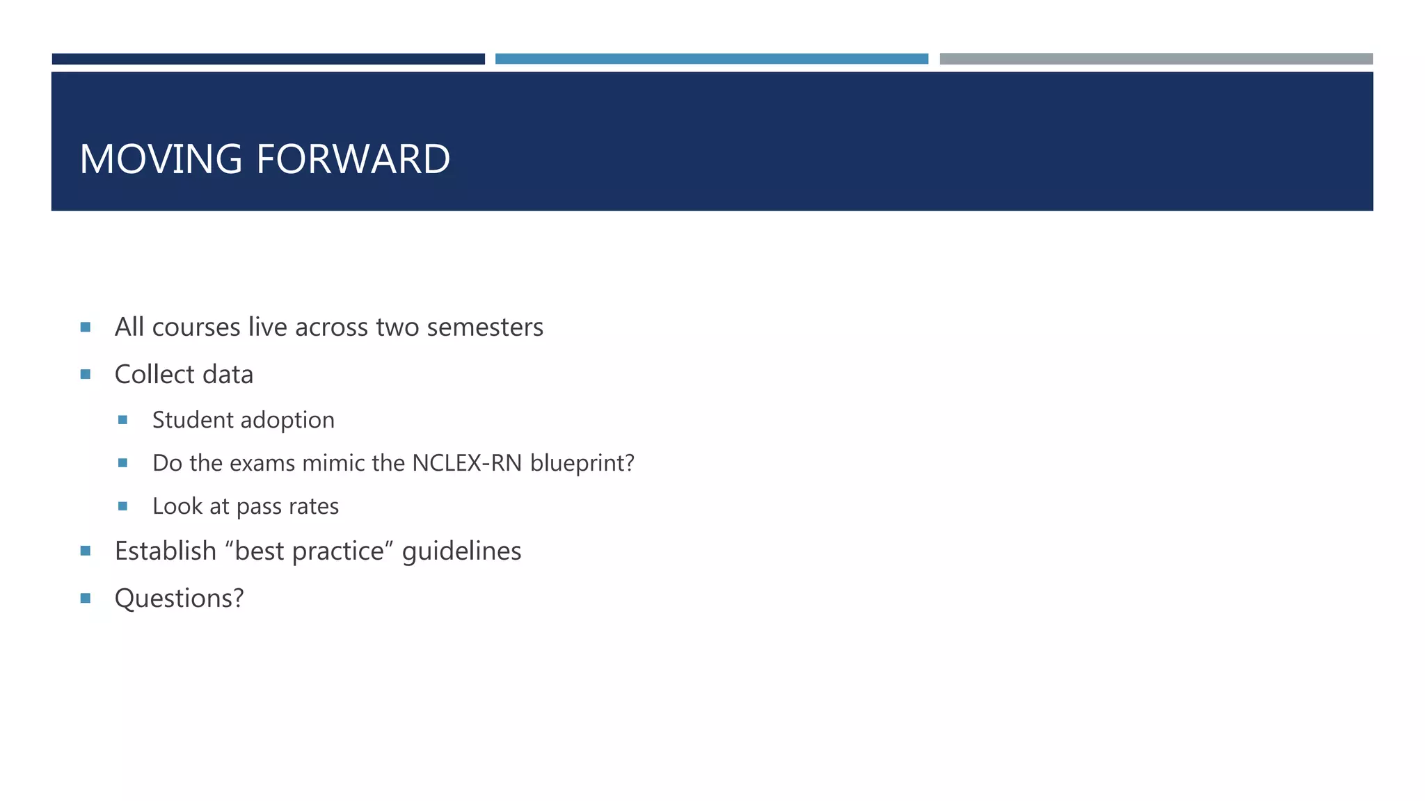 MOVING FORWARD
 All courses live across two semesters
 Collect data
 Student adoption
 Do the exams mimic the NCLEX-RN blueprint?
 Look at pass rates
 Establish “best practice” guidelines
 Questions?
 