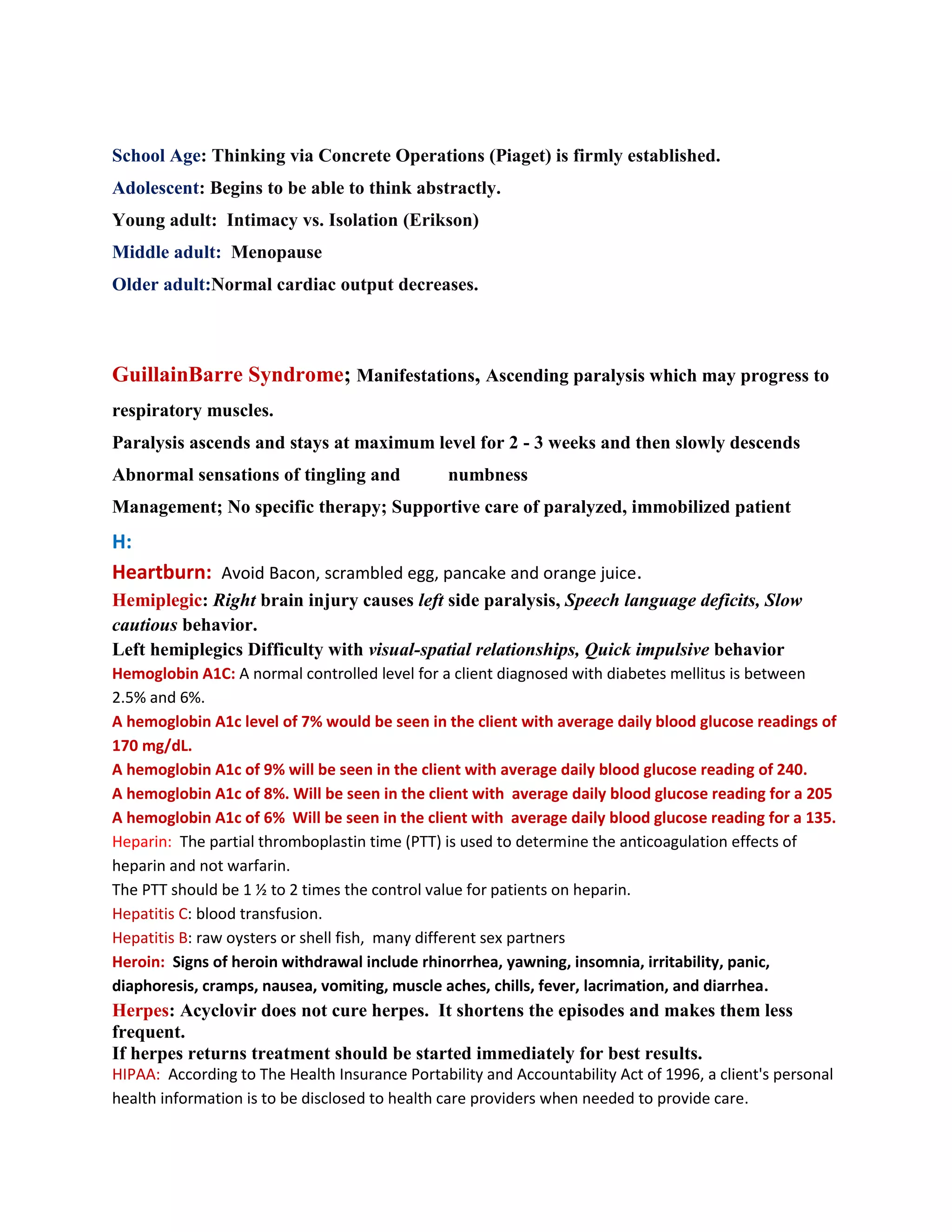 School Age: Thinking via Concrete Operations (Piaget) is firmly established.
Adolescent: Begins to be able to think abstractly.
Young adult: Intimacy vs. Isolation (Erikson)
Middle adult: Menopause
Older adult:Normal cardiac output decreases.



GuillainBarre Syndrome; Manifestations, Ascending paralysis which may progress to
respiratory muscles.
Paralysis ascends and stays at maximum level for 2 - 3 weeks and then slowly descends
Abnormal sensations of tingling and             numbness
Management; No specific therapy; Supportive care of paralyzed, immobilized patient
H:
Heartburn: Avoid Bacon, scrambled egg, pancake and orange juice.
Hemiplegic: Right brain injury causes left side paralysis, Speech language deficits, Slow
cautious behavior.
Left hemiplegics Difficulty with visual-spatial relationships, Quick impulsive behavior
Hemoglobin A1C: A normal controlled level for a client diagnosed with diabetes mellitus is between
2.5% and 6%.
A hemoglobin A1c level of 7% would be seen in the client with average daily blood glucose readings of
170 mg/dL.
A hemoglobin A1c of 9% will be seen in the client with average daily blood glucose reading of 240.
A hemoglobin A1c of 8%. Will be seen in the client with average daily blood glucose reading for a 205
A hemoglobin A1c of 6% Will be seen in the client with average daily blood glucose reading for a 135.
Heparin: The partial thromboplastin time (PTT) is used to determine the anticoagulation effects of
heparin and not warfarin.
The PTT should be 1 ½ to 2 times the control value for patients on heparin.
Hepatitis C: blood transfusion.
Hepatitis B: raw oysters or shell fish, many different sex partners
Heroin: Signs of heroin withdrawal include rhinorrhea, yawning, insomnia, irritability, panic,
diaphoresis, cramps, nausea, vomiting, muscle aches, chills, fever, lacrimation, and diarrhea.
Herpes: Acyclovir does not cure herpes. It shortens the episodes and makes them less
frequent.
If herpes returns treatment should be started immediately for best results.
HIPAA: According to The Health Insurance Portability and Accountability Act of 1996, a client's personal
health information is to be disclosed to health care providers when needed to provide care.
 