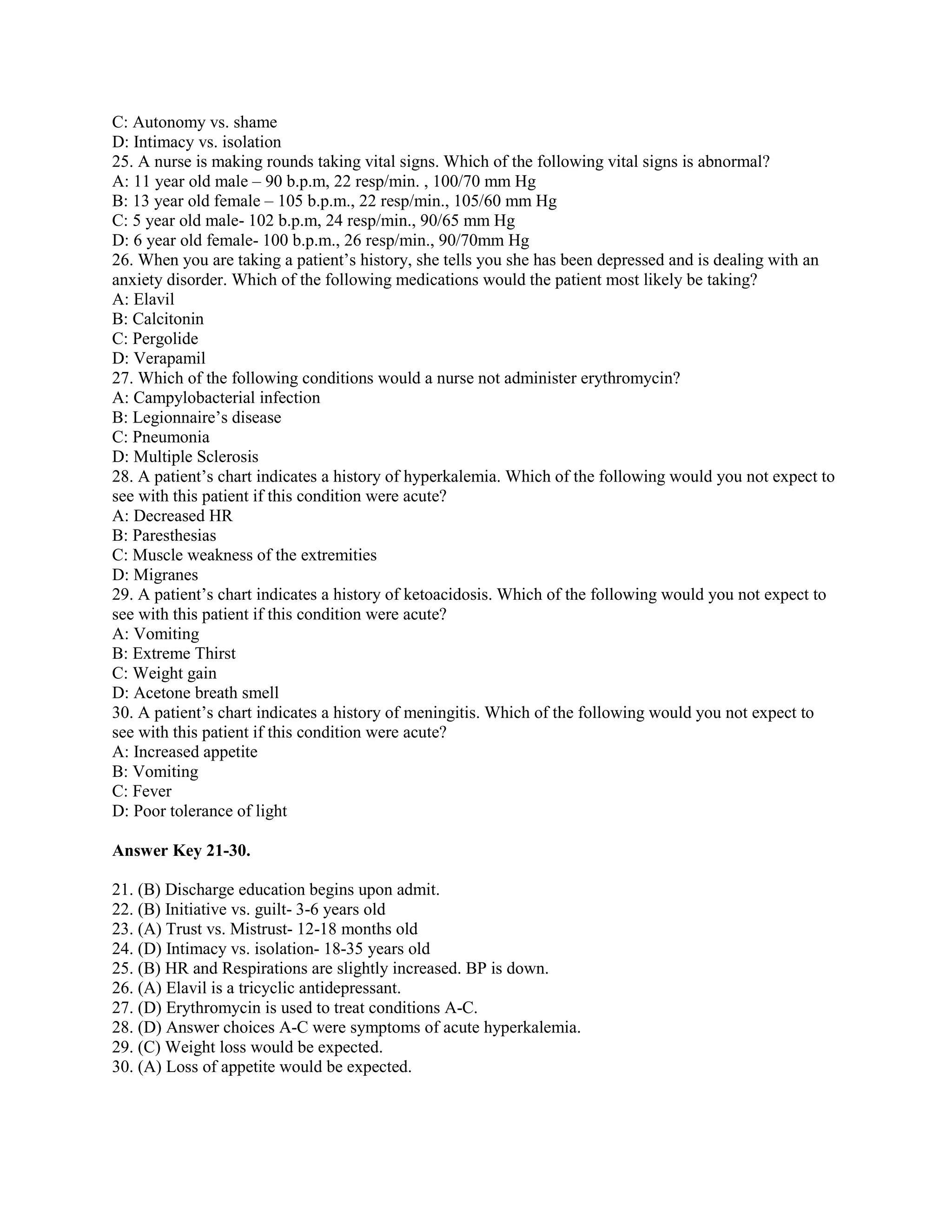 C: Autonomy vs. shame
D: Intimacy vs. isolation
25. A nurse is making rounds taking vital signs. Which of the following vital signs is abnormal?
A: 11 year old male – 90 b.p.m, 22 resp/min. , 100/70 mm Hg
B: 13 year old female – 105 b.p.m., 22 resp/min., 105/60 mm Hg
C: 5 year old male- 102 b.p.m, 24 resp/min., 90/65 mm Hg
D: 6 year old female- 100 b.p.m., 26 resp/min., 90/70mm Hg
26. When you are taking a patient’s history, she tells you she has been depressed and is dealing with an
anxiety disorder. Which of the following medications would the patient most likely be taking?
A: Elavil
B: Calcitonin
C: Pergolide
D: Verapamil
27. Which of the following conditions would a nurse not administer erythromycin?
A: Campylobacterial infection
B: Legionnaire’s disease
C: Pneumonia
D: Multiple Sclerosis
28. A patient’s chart indicates a history of hyperkalemia. Which of the following would you not expect to
see with this patient if this condition were acute?
A: Decreased HR
B: Paresthesias
C: Muscle weakness of the extremities
D: Migranes
29. A patient’s chart indicates a history of ketoacidosis. Which of the following would you not expect to
see with this patient if this condition were acute?
A: Vomiting
B: Extreme Thirst
C: Weight gain
D: Acetone breath smell
30. A patient’s chart indicates a history of meningitis. Which of the following would you not expect to
see with this patient if this condition were acute?
A: Increased appetite
B: Vomiting
C: Fever
D: Poor tolerance of light
Answer Key 21-30.
21. (B) Discharge education begins upon admit.
22. (B) Initiative vs. guilt- 3-6 years old
23. (A) Trust vs. Mistrust- 12-18 months old
24. (D) Intimacy vs. isolation- 18-35 years old
25. (B) HR and Respirations are slightly increased. BP is down.
26. (A) Elavil is a tricyclic antidepressant.
27. (D) Erythromycin is used to treat conditions A-C.
28. (D) Answer choices A-C were symptoms of acute hyperkalemia.
29. (C) Weight loss would be expected.
30. (A) Loss of appetite would be expected.
 