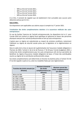 9
- 90% au titre de l’année 2021 ;
- 80% au titre de l’année 2022 ;
- 70% au titre de l’année 2023 ;
- 60% au titre de l’année 2024.
A ce titre, il convient de rappeler que cet abattement n'est cumulable avec aucune autre
déduction prévue par le C.G.I.
Date d’effet :
Ces dispositions sont applicables aux salaires acquis à compter du 1er janvier 2021.
3-Institution des droits complémentaires destinés à la couverture médicale des auto-
entrepreneurs
En vue de faciliter l'exercice de l’activité entrepreneuriale, les dispositions de la L.F. pour
l’année 2014 ont institué un régime fiscal spécifique et optionnel en faveur des personnes
physiques exerçant leur activité professionnelle en tant qu’auto-entrepreneur.
L’option pour ce régime est subordonnée au respect de certaines conditions, notamment
l’adhésion au régime de sécurité sociale prévu par la législation et la réglementation en
vigueur.
Dans le cadre de la mise en œuvre de la généralisation de l'assurance maladie obligatoire à
l'horizon de 2022, l’article 6-I de la loi de finances n° 65-20 pour l’année budgétaire 2021 a
institué des droits complémentaires pour les auto entrepreneurs afin de leur permettre de
bénéficier du régime d’assurance maladie obligatoire de base, à l’instar des contribuables
soumis au régime de la contribution professionnelle unique.
Ces droits complémentaires sont déterminés en fonction du barème prévu à l’article 73-II-B-
6° du CGI rappelé ci-après et ce, selon les modalités fixées par voie réglementaire.
Tranches des droits annuels (en
dirhams)
Montant trimestriel
des droits
complémentaires (en
dirhams)
Montant annuel des
droits complémentaires
(en dirhams)
Moins de 500 300 1200
De 500 à 1000 390 1560
De 1 001 à 2500 570 2280
De 2501 à 5 000 720 2880
De 5001 à 10.000 1050 4200
De 10.001 à 25.000 1500 6000
De 25001 à 50.000 2250 9000
Supérieur à 50 000 3600 14400
 