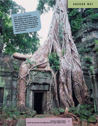 A N G K O R W A T
Answer:AngkorWatismorethan800yearsoldandistheworld’s
largestreligiousstructure.
★
DID YOU KNOW?
When UNESCO named Angkor Wat a
World Heritage site, it meant that the
place has major importance for the
entire world. Being a World Heritage
site makes it easier for countries to
cooperate to protect a cultural or
natural treasure.
 