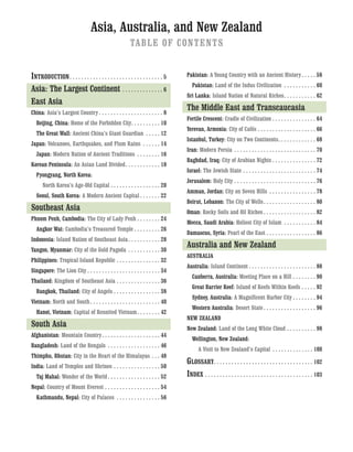 Asia, Australia, and New Zealand
TABLE OF CONTENTS
INTRODUCTION. . . . . . . . . . . . . . . . . . . . . . . . . . . . . . . . 5
Asia: The Largest Continent . . . . . . . . . . . . . . 6
East Asia
China: Asia’s Largest Country . . . . . . . . . . . . . . . . . . . . . . 8
Beijing, China: Home of the Forbidden City. . . . . . . . . . 10
The Great Wall: Ancient China’s Giant Guardian . . . . . 12
Japan: Volcanoes, Earthquakes, and Plum Rains . . . . . . 14
Japan: Modern Nation of Ancient Traditions . . . . . . . . 16
Korean Peninsula: An Asian Land Divided. . . . . . . . . . . . 18
Pyongyang, North Korea:
North Korea’s Age-Old Capital . . . . . . . . . . . . . . . . . 20
Seoul, South Korea: A Modern Ancient Capital . . . . . . . 22
Southeast Asia
Phnom Penh, Cambodia: The City of Lady Penh . . . . . . . . 24
Angkor Wat: Cambodia’s Treasured Temple . . . . . . . . . 26
Indonesia: Island Nation of Southeast Asia. . . . . . . . . . . 28
Yangon, Myanmar: City of the Gold Pagoda . . . . . . . . . . . 30
Philippines: Tropical Island Republic . . . . . . . . . . . . . . . 32
Singapore: The Lion City . . . . . . . . . . . . . . . . . . . . . . . . . 34
Thailand: Kingdom of Southeast Asia . . . . . . . . . . . . . . . 36
Bangkok, Thailand: City of Angels . . . . . . . . . . . . . . . . 38
Vietnam: North and South. . . . . . . . . . . . . . . . . . . . . . . . 40
Hanoi, Vietnam: Capital of Reunited Vietnam. . . . . . . . 42
South Asia
Afghanistan: Mountain Country. . . . . . . . . . . . . . . . . . . . 44
Bangladesh: Land of the Bengals . . . . . . . . . . . . . . . . . . 46
Thimphu, Bhutan: City in the Heart of the Himalayas . . . 48
India: Land of Temples and Shrines . . . . . . . . . . . . . . . . 50
Taj Mahal: Wonder of the World . . . . . . . . . . . . . . . . . . 52
Nepal: Country of Mount Everest . . . . . . . . . . . . . . . . . . . 54
Kathmandu, Nepal: City of Palaces . . . . . . . . . . . . . . . 56
Pakistan: A Young Country with an Ancient History. . . . . 58
Pakistan: Land of the Indus Civilization . . . . . . . . . . . 60
Sri Lanka: Island Nation of Natural Riches. . . . . . . . . . . 62
The Middle East and Transcaucasia
Fertile Crescent: Cradle of Civilization . . . . . . . . . . . . . . . 64
Yerevan, Armenia: City of Cafés . . . . . . . . . . . . . . . . . . . . 66
Istanbul, Turkey: City on Two Continents. . . . . . . . . . . . . 68
Iran: Modern Persia . . . . . . . . . . . . . . . . . . . . . . . . . . . . 70
Baghdad, Iraq: City of Arabian Nights . . . . . . . . . . . . . . . 72
Israel: The Jewish State . . . . . . . . . . . . . . . . . . . . . . . . . 74
Jerusalem: Holy City . . . . . . . . . . . . . . . . . . . . . . . . . . . . 76
Amman, Jordan: City on Seven Hills . . . . . . . . . . . . . . . . 78
Beirut, Lebanon: The City of Wells. . . . . . . . . . . . . . . . . . 80
Oman: Rocky Soils and Oil Riches . . . . . . . . . . . . . . . . . . 82
Mecca, Saudi Arabia: Holiest City of Islam . . . . . . . . . . . 84
Damascus, Syria: Pearl of the East . . . . . . . . . . . . . . . . . 86
Australia and New Zealand
AUSTRALIA
Australia: Island Continent . . . . . . . . . . . . . . . . . . . . . . . 88
Canberra, Australia: Meeting Place on a Hill . . . . . . . . 90
Great Barrier Reef: Island of Reefs Within Reefs . . . . . 92
Sydney, Australia: A Magnificent Harbor City . . . . . . . . 94
Western Australia: Desert State . . . . . . . . . . . . . . . . . . 96
NEW ZEALAND
New Zealand: Land of the Long White Cloud . . . . . . . . . . 98
Wellington, New Zealand:
A Visit to New Zealand’s Capital . . . . . . . . . . . . . . 100
GLOSSARY. . . . . . . . . . . . . . . . . . . . . . . . . . . . . . . . . . 102
INDEX . . . . . . . . . . . . . . . . . . . . . . . . . . . . . . . . . . . . . 103
 
